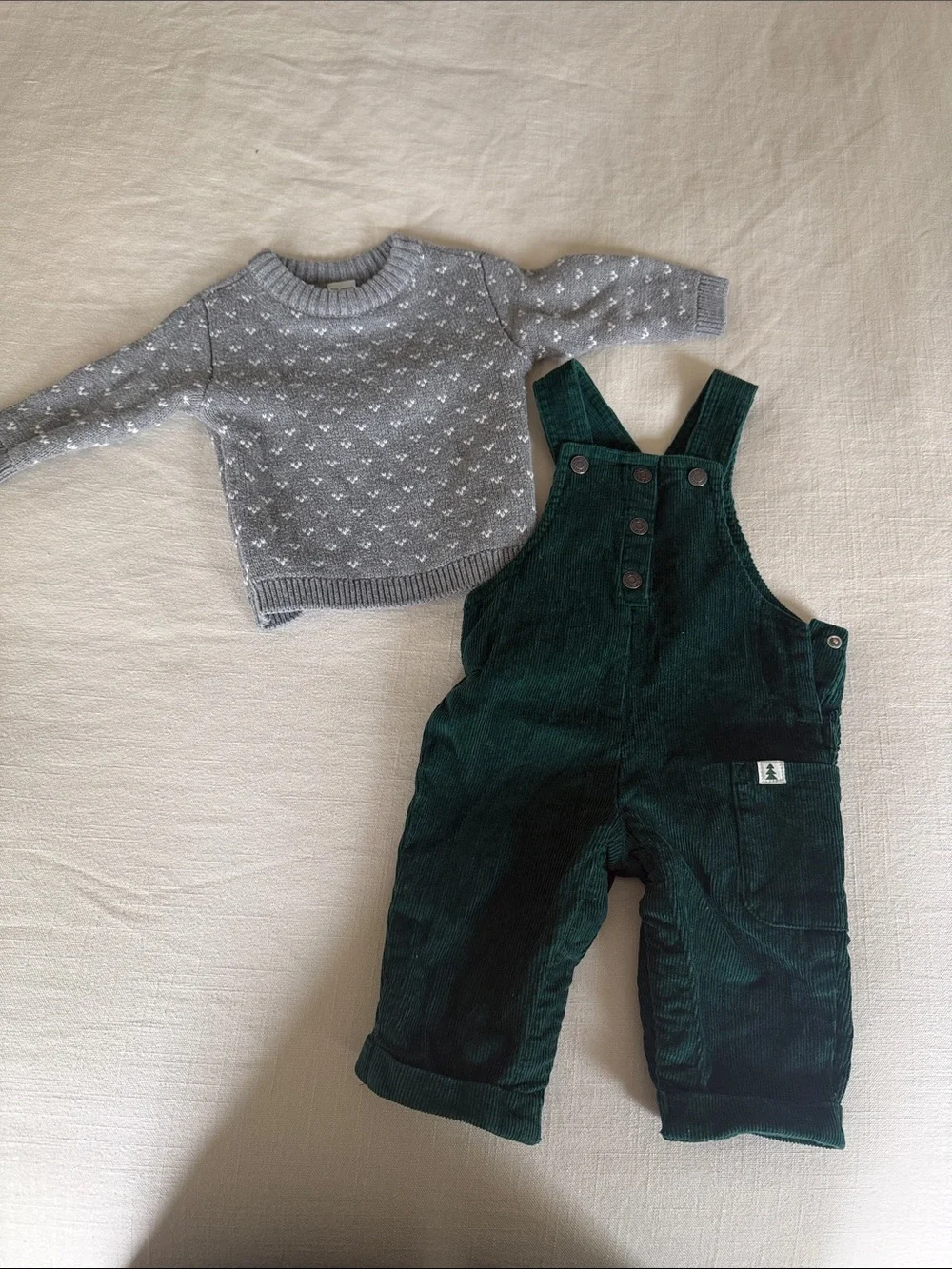 Carter's Dark Green Corduroy Overalls with matching Gray sweater
